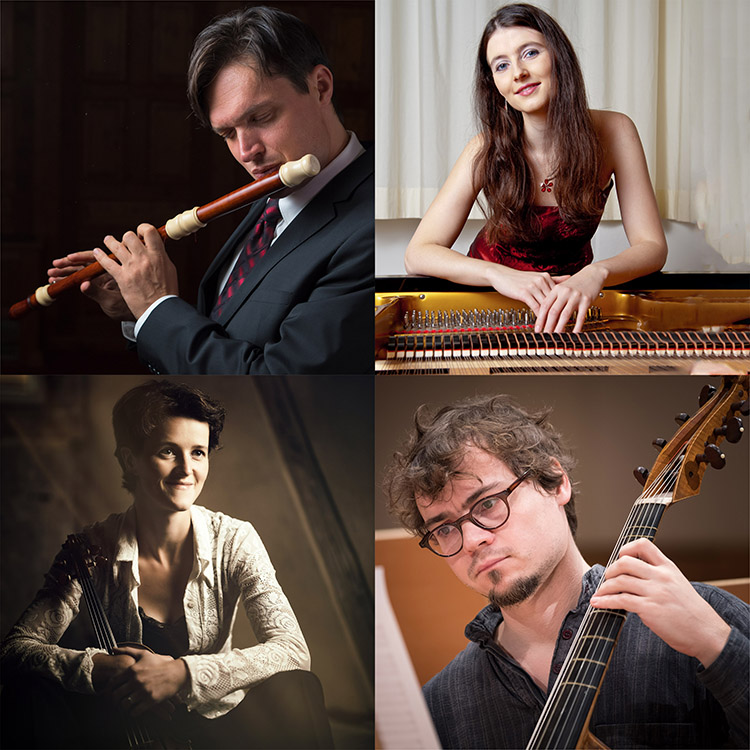 Barockquartett »Salon Allemand« mit Jiří Berger · Traversflöte, Adéla Drechsel · Violine, Hana Berger · Cembalo und Diethard Krause · Barock-Cello/​Viola da Gamba) · Fotos: Martina Root, Sebastian Kaulfürst, Ralf Arnold und Björn Kaden